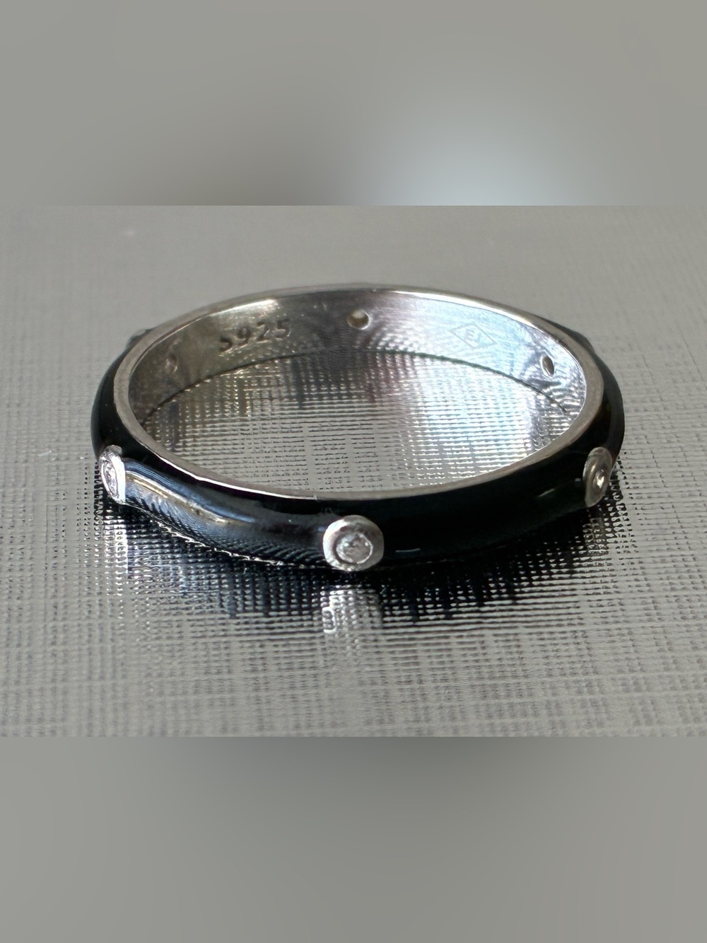 Sterling 925 Black Enamel Ring with Clear Stone Sz 9